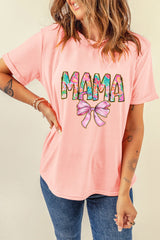 Pink Floral MAMA Bowknot Print Crewneck T Shirt Graphic Tees JT's Designer Fashion