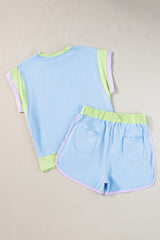 Blue Contrast Trim Cap Sleeve Tee Shorts Set Short Sets JT's Designer Fashion