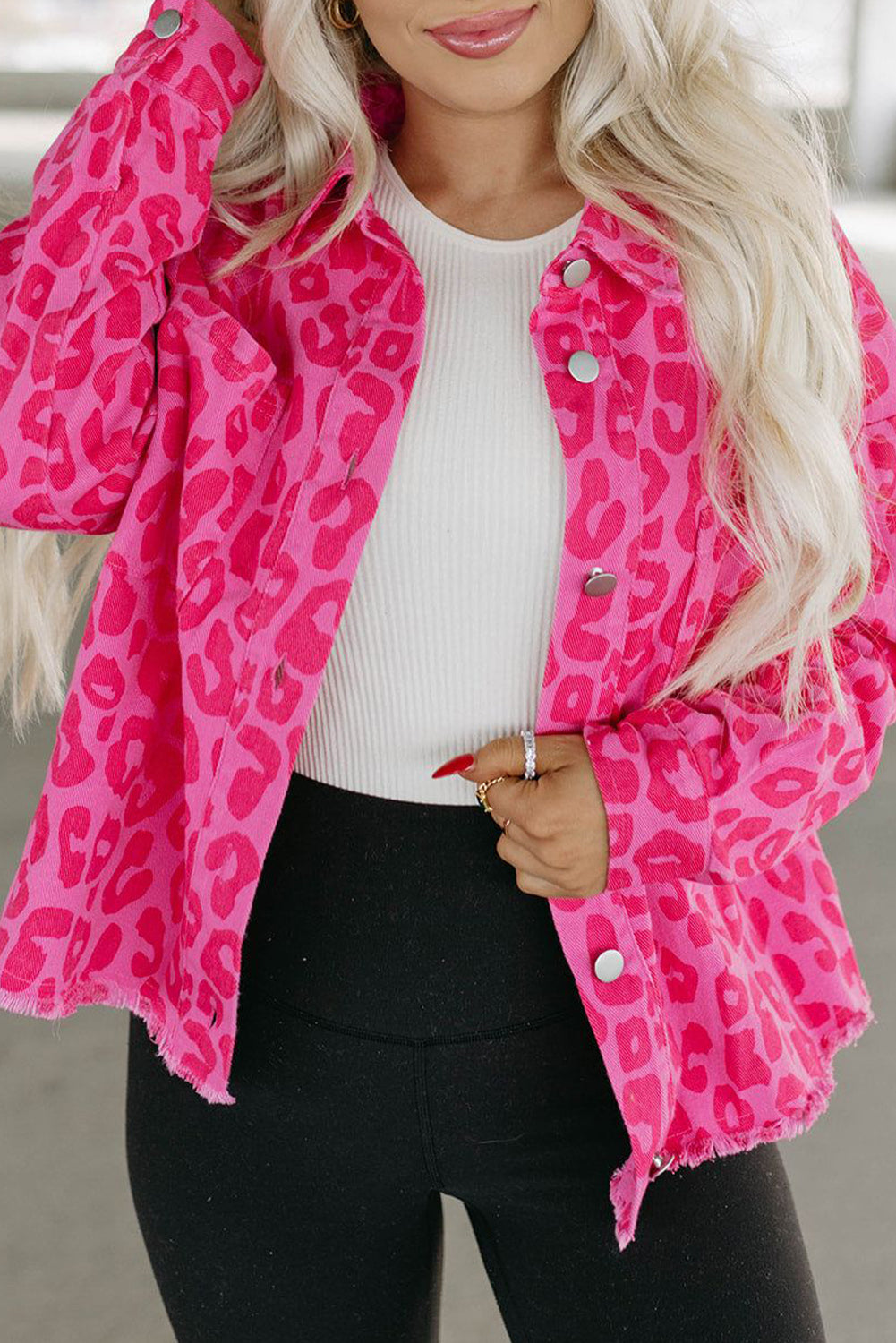 Pink Leopard Print Button Cuffs Raw Hem Jacket Denim Jackets JT's Designer Fashion