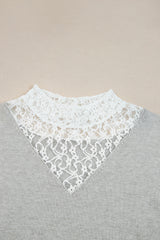 Light Grey Button Keyhole Lace Patchwork Drop Shoulder Sweater Sweaters JT's Designer Fashion
