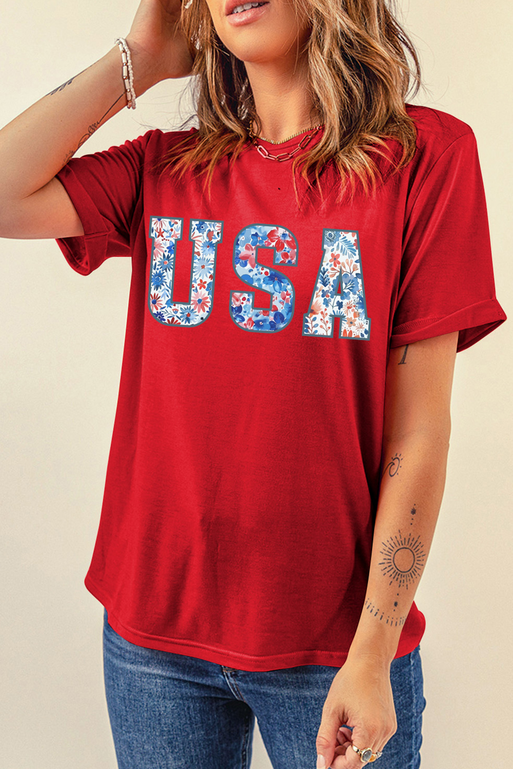 Red Floral USA Graphic Cuffed Sleeve Crew Neck Tee Graphic Tees JT's Designer Fashion