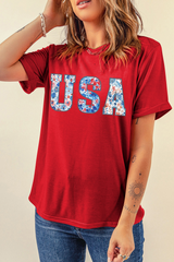 Red Floral USA Graphic Cuffed Sleeve Crew Neck Tee Graphic Tees JT's Designer Fashion