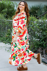 Orange Floral Print Drawstring V Neck Tiered Plus Size Dress Plus Size Maxi Dresses JT's Designer Fashion