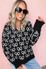 Black Cute Bow Pattern Drop Shoulder Zipped Collar Sweater Sweaters JT's Designer Fashion