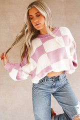 Pink Checkered Bishop Sleeve Sweater Sweaters JT's Designer Fashion