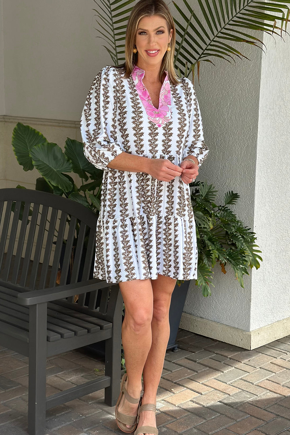 Black Contrast Floral V Neck Printed Bracelet Sleeve Dress Mini Dresses JT's Designer Fashion