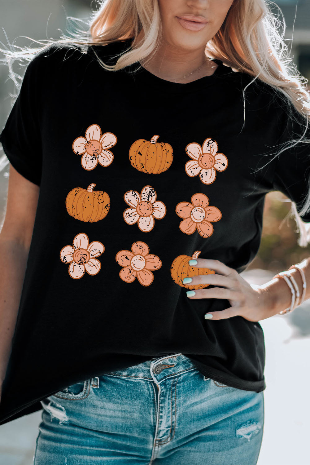 Black Pumpkin Flower Print Short Sleeve Graphic Top Graphic Tees JT's Designer Fashion