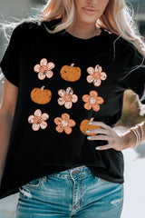 Black Pumpkin Flower Print Short Sleeve Graphic Top Graphic Tees JT's Designer Fashion