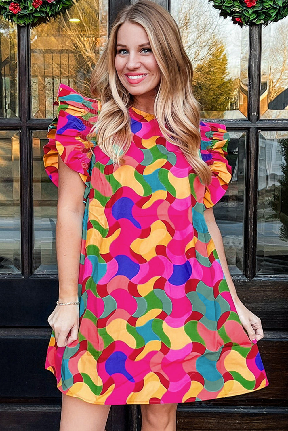Rose Red Abstract Print Ruffle Sleeve Shift Dress Dresses JT's Designer Fashion