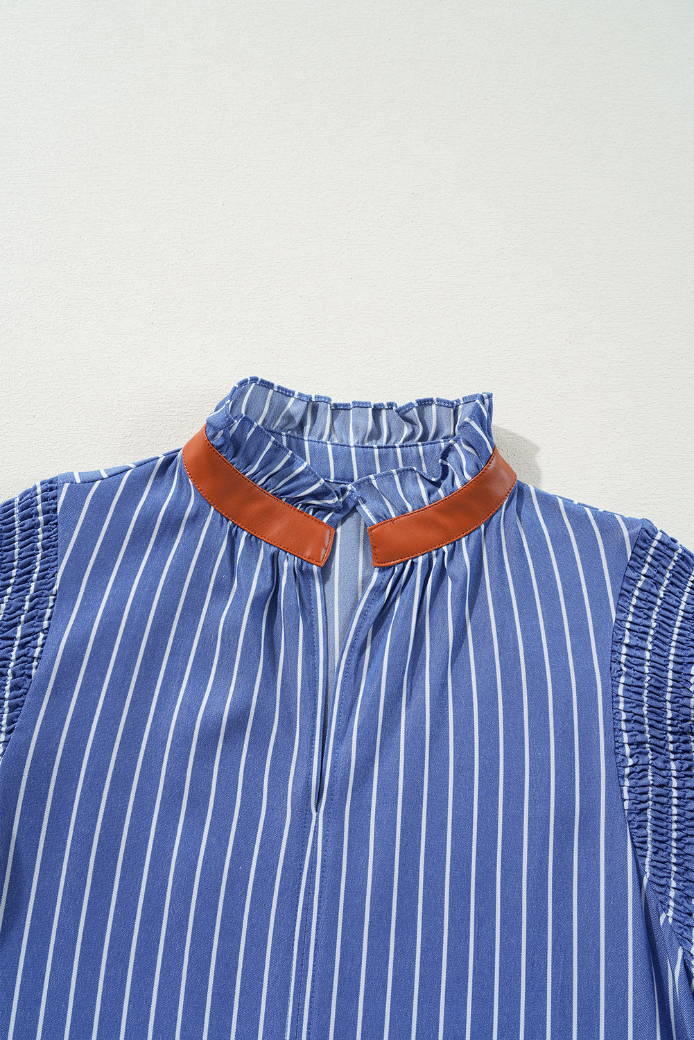 Sky Blue Stripe Frilly Split Neck Shirred Ruffle Sleeve Short Shift Dress Mini Dresses JT's Designer Fashion