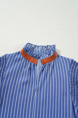 Sky Blue Stripe Frilly Split Neck Shirred Ruffle Sleeve Short Shift Dress Mini Dresses JT's Designer Fashion