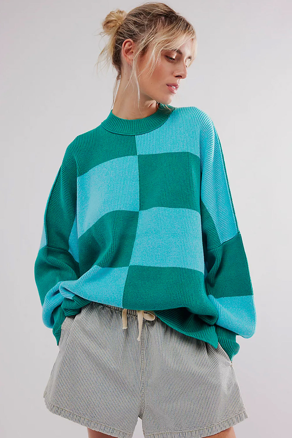 Green Checkered Side Slits Drop Shoulder Oversized Sweater Sweaters JT's Designer Fashion