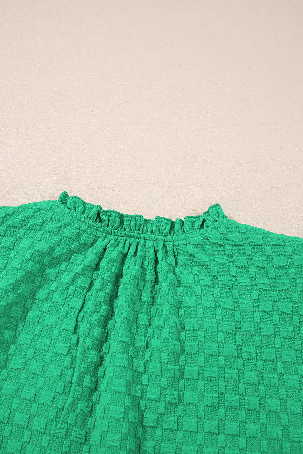 Bright Green Textured Puff Short Sleeve Notched V Neck Top Blouses & Shirts JT's Designer Fashion