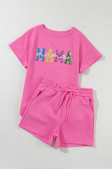 Strawberry Pink Sequined MAMA Letter Graphic Textured Short 2pcs Set Graphic Sets JT's Designer Fashion