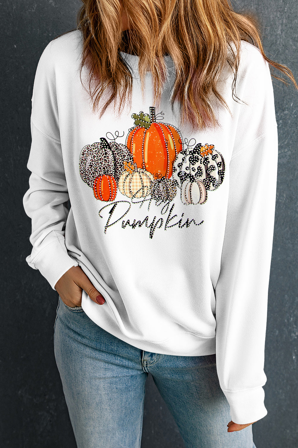 Beige Rhinestone Pumpkin Graphic Crewneck Thanksgiving Sweatshirt Graphic Sweatshirts JT's Designer Fashion
