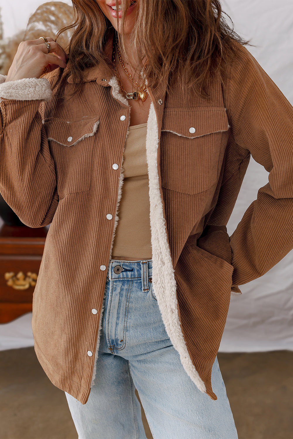 Cinnamon Fleece Lined Buttoned Flap Pockets Corduroy Jacket Cinnamon Shell:100%Polyester+Lining:100%Polyester Jackets JT's Designer Fashion