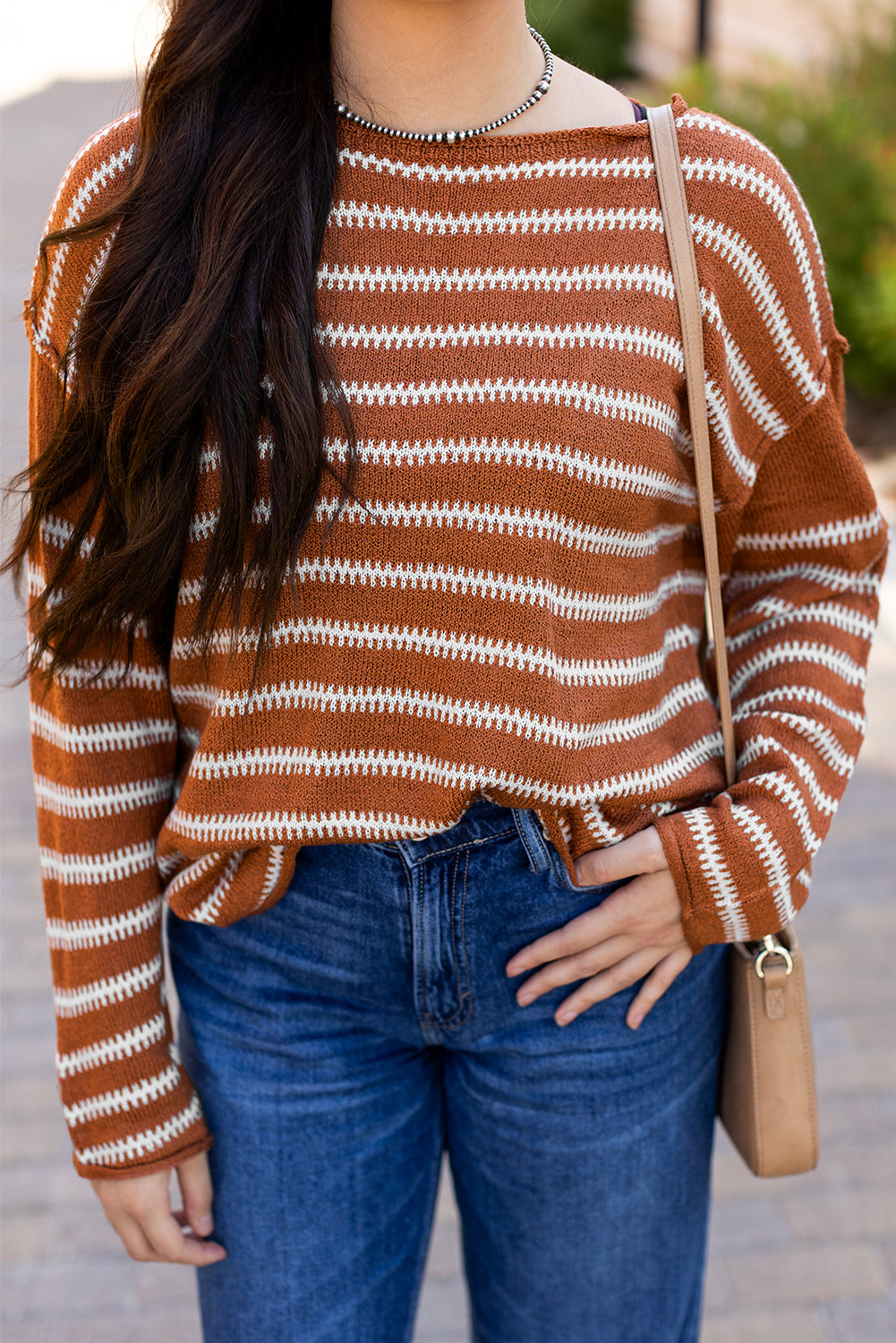Brown Stripe Drop Shoulder Casual Sweater Sweaters JT's Designer Fashion