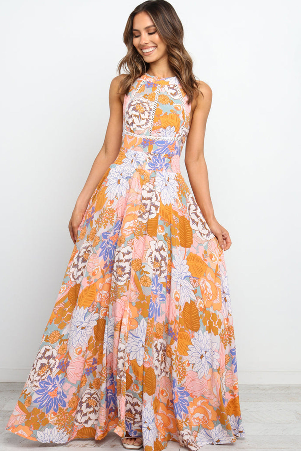 Orange Boho Floral Backless Lace up Sleeveless Maxi Dress Dresses JT's Designer Fashion