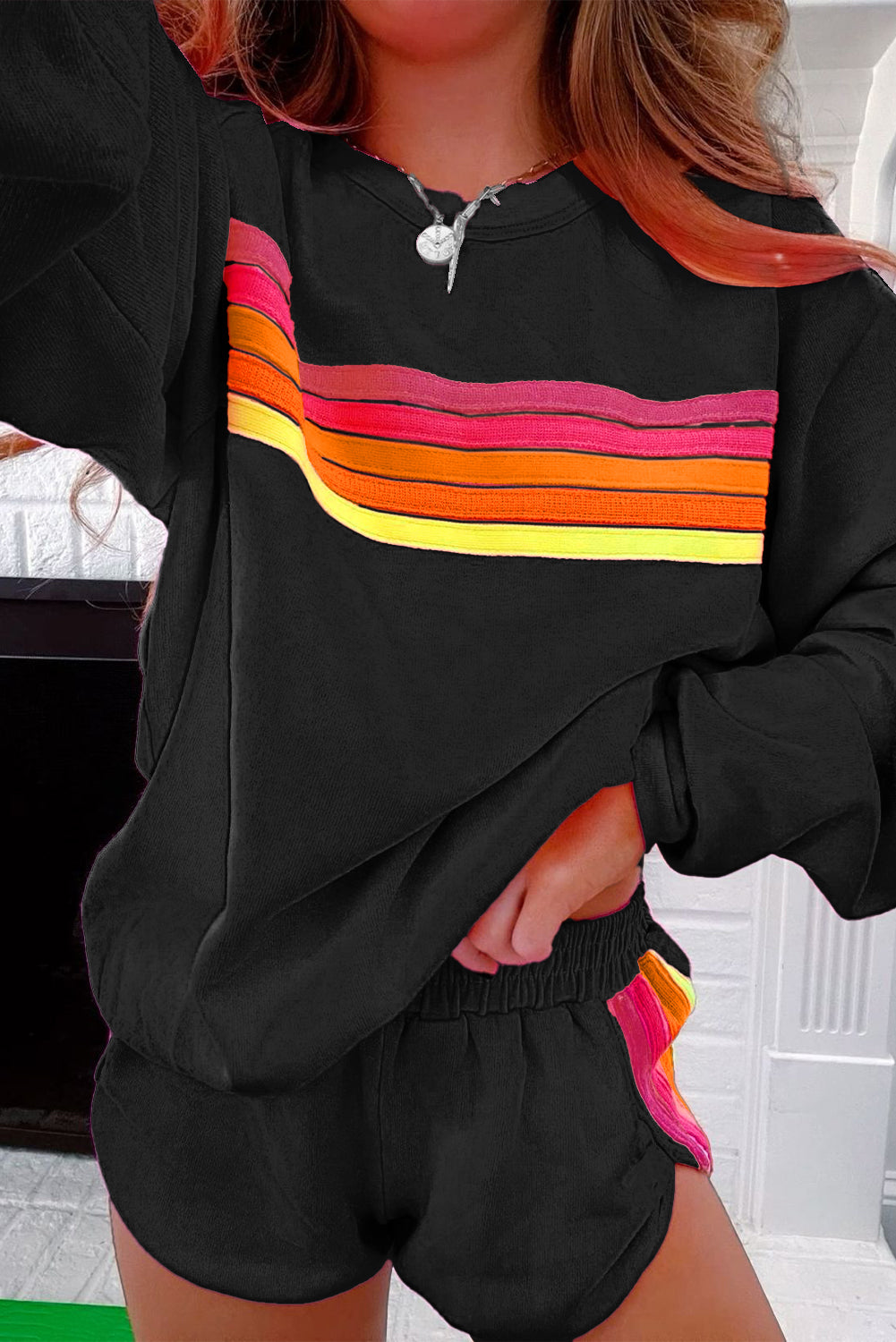 Black Striped Accent Pullover and Shorts Two Piece Casual Set Short Sets JT's Designer Fashion