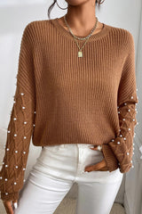 Chestnut Beaded Drop Shoulder Round Neck Sweater Sweaters JT's Designer Fashion