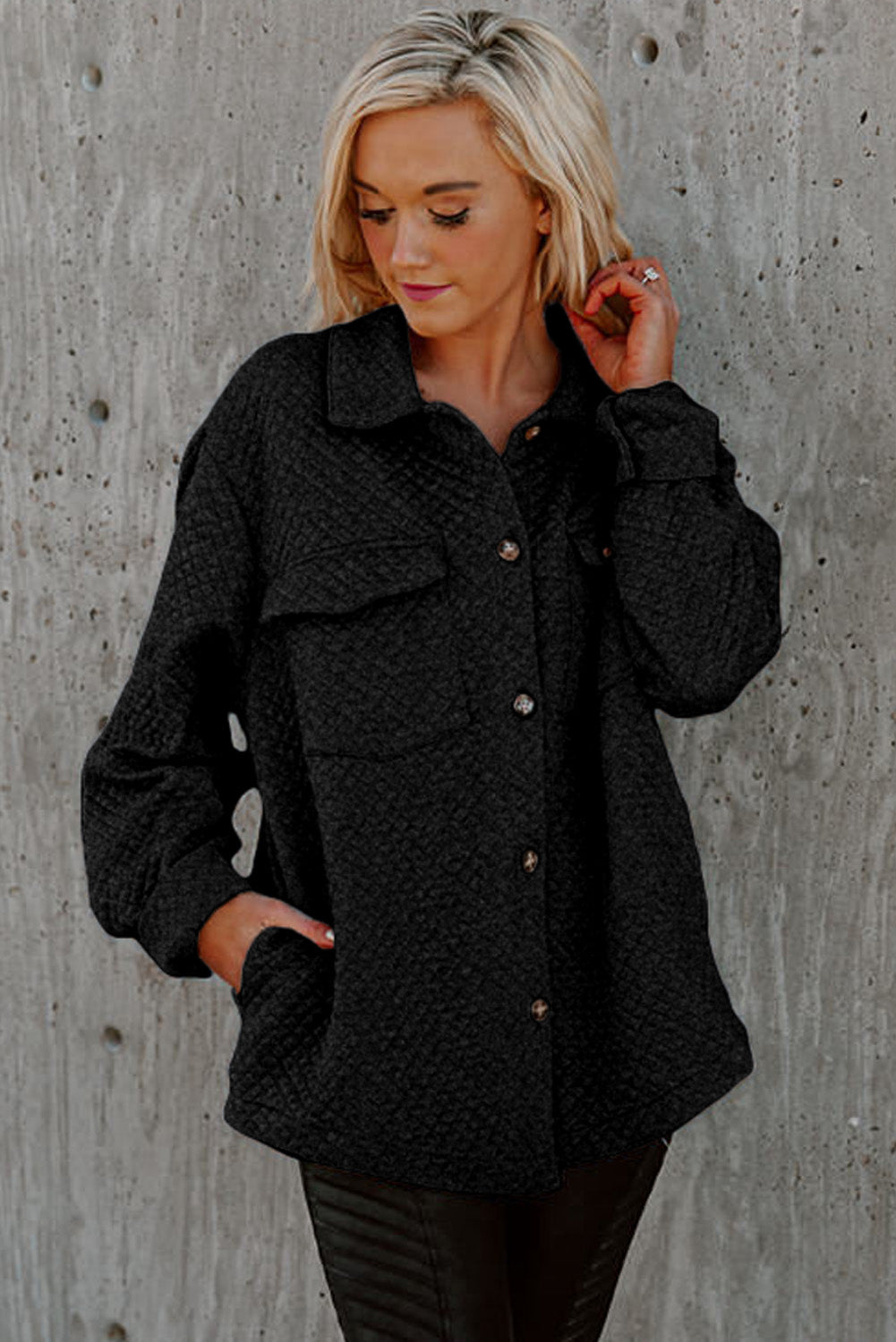 Black Retro Quilted Flap Pocket Button Shacket Jackets JT's Designer Fashion