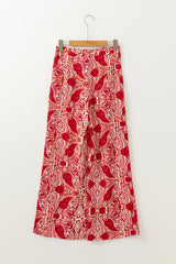 Red Paisley Printed Buttoned High Waist Straight Leg Pants Pants & Culotte JT's Designer Fashion