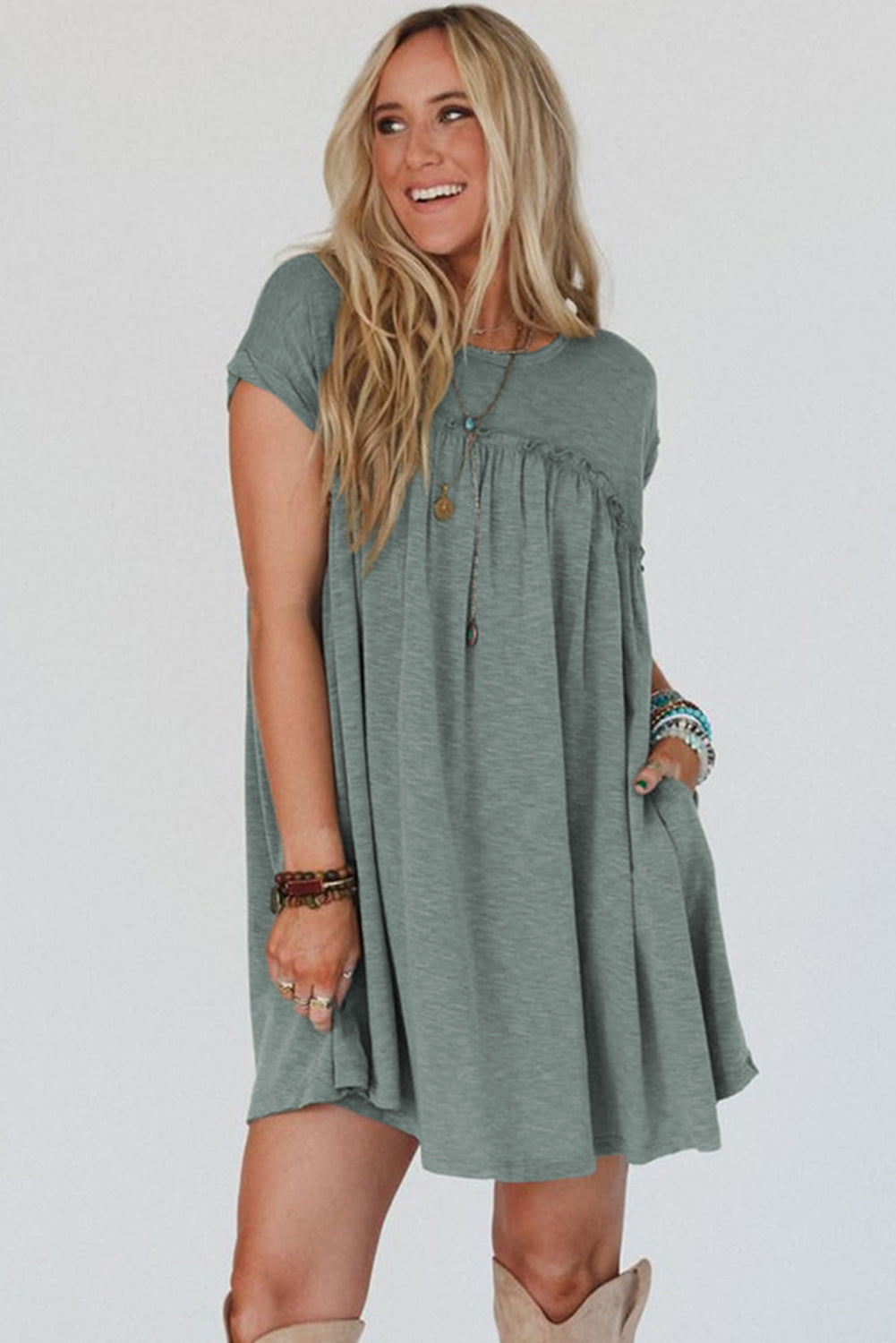 Mist Green Frilled Gathered Seam Round Neck T Shirt Dress T Shirt Dresses JT's Designer Fashion