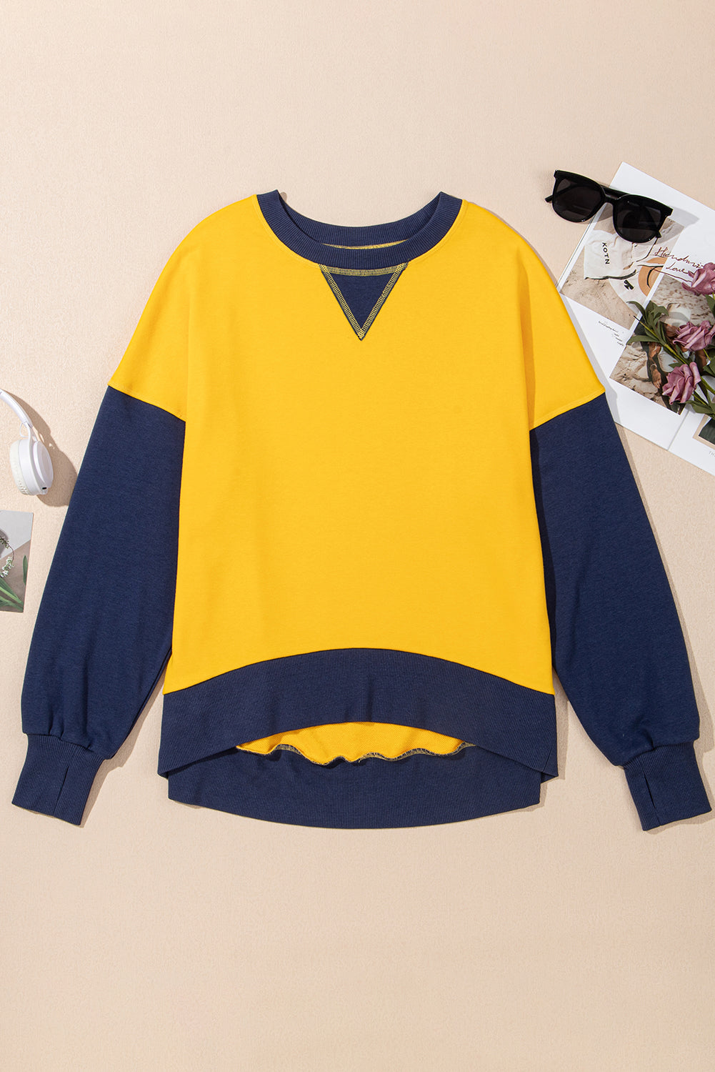 Yellow Color Block Thumbhole Sleeve Drop Shoulder Sweatshirt Sweatshirts & Hoodies JT's Designer Fashion