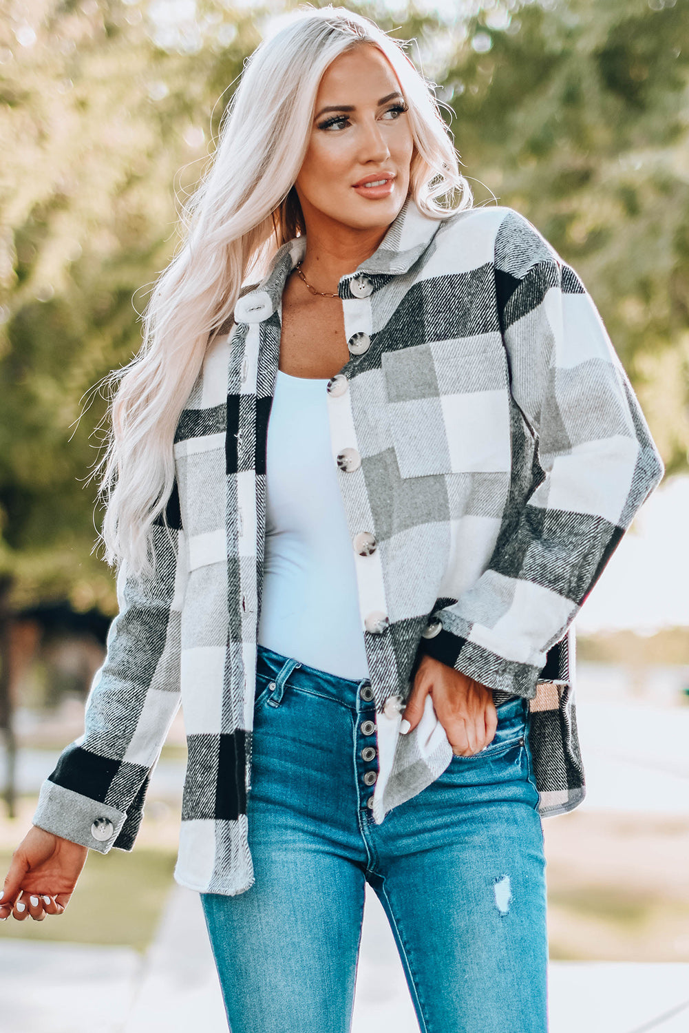 Gray Plaid Color Block Buttoned Long Sleeve Jacket with Pocket Plaid Shackets JT's Designer Fashion