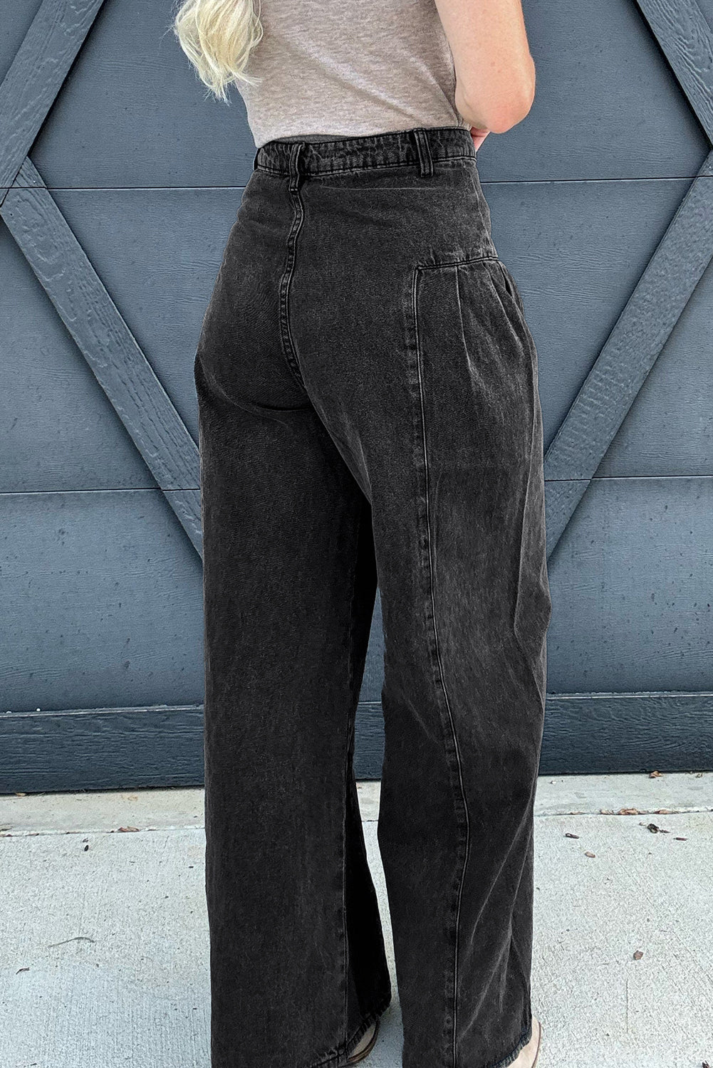 Dark Grey Pleated Wide Leg Mineral Wash Denim Pants Jeans JT's Designer Fashion