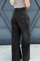 Dark Grey Pleated Wide Leg Mineral Wash Denim Pants Jeans JT's Designer Fashion