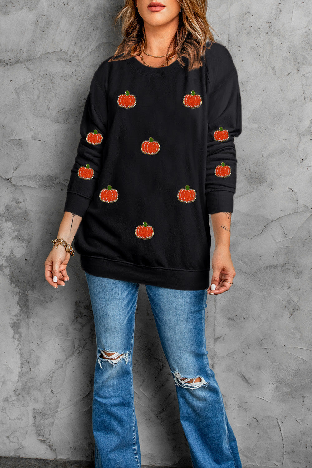 Black Halloween Pumpkin Graphic Drop Shoulder Sweatshirt Graphic Sweatshirts JT's Designer Fashion