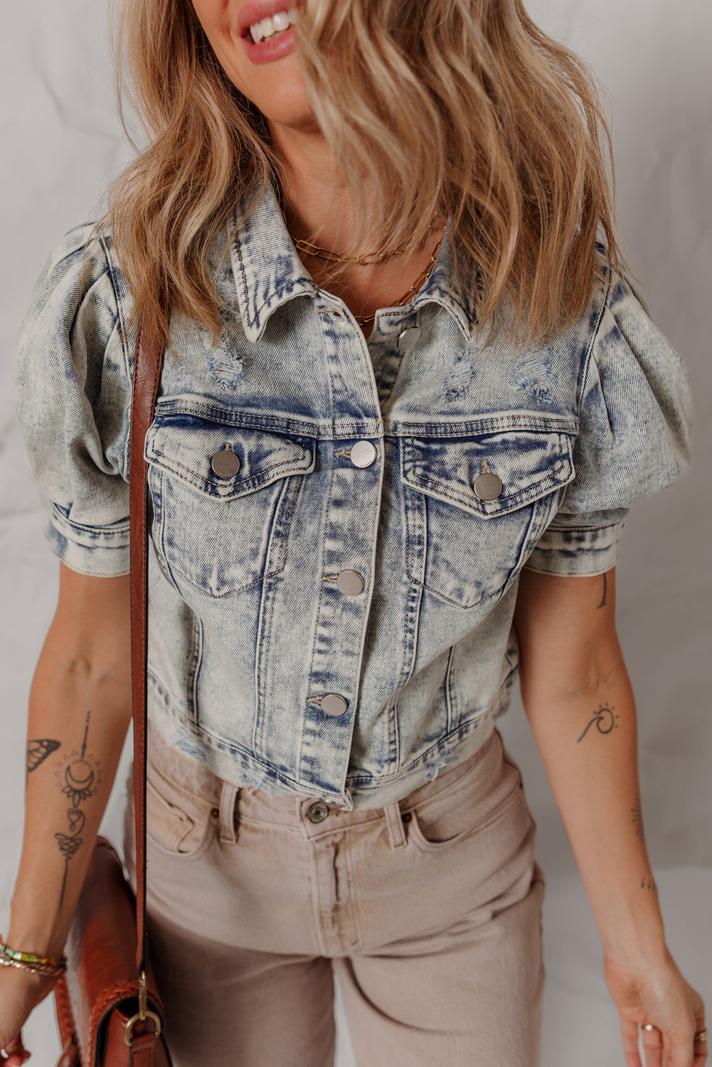 Beau Blue Light Wash Buttoned Chest Pocket Puff Sleeve Denim Jacket Denim Jackets JT's Designer Fashion