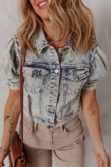 Beau Blue Light Wash Buttoned Chest Pocket Puff Sleeve Denim Jacket Denim Jackets JT's Designer Fashion