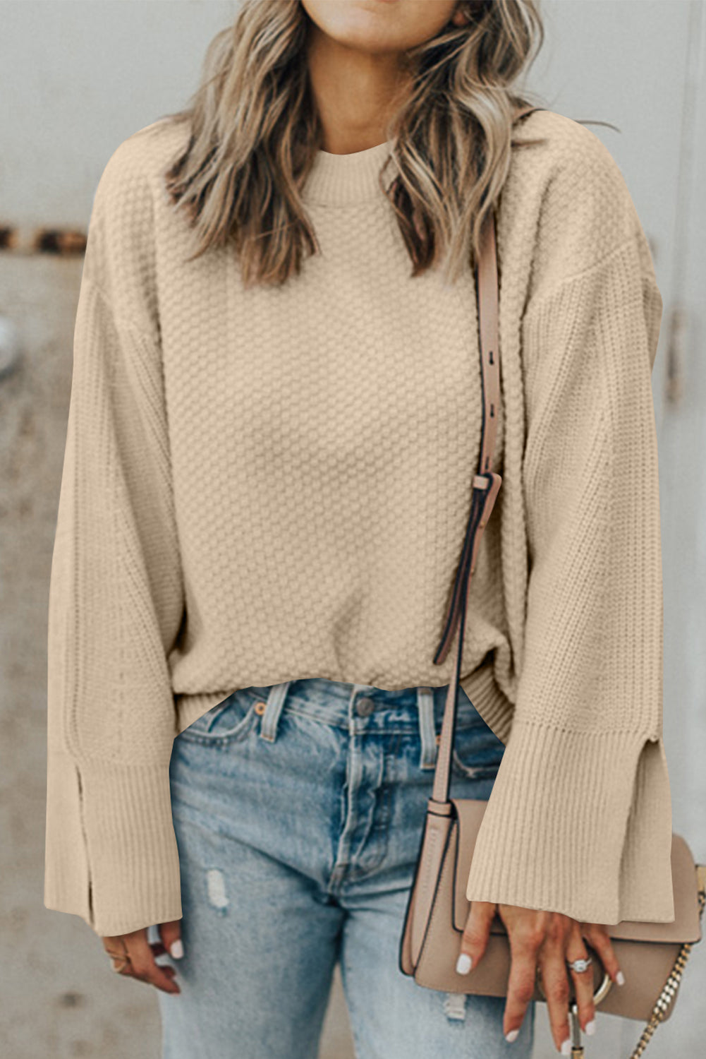 Parchment Solid Textured Knit Split Cuff Drop Shoulder Loose Sweater Sweaters JT's Designer Fashion