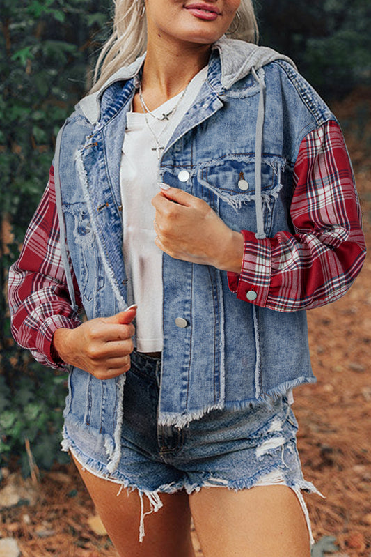 Beau Blue Plaid Print Patchwork Hooded Raw Hem Denim Jacket Beau Blue 83%Cotton+17%Polyester Denim Jackets JT's Designer Fashion