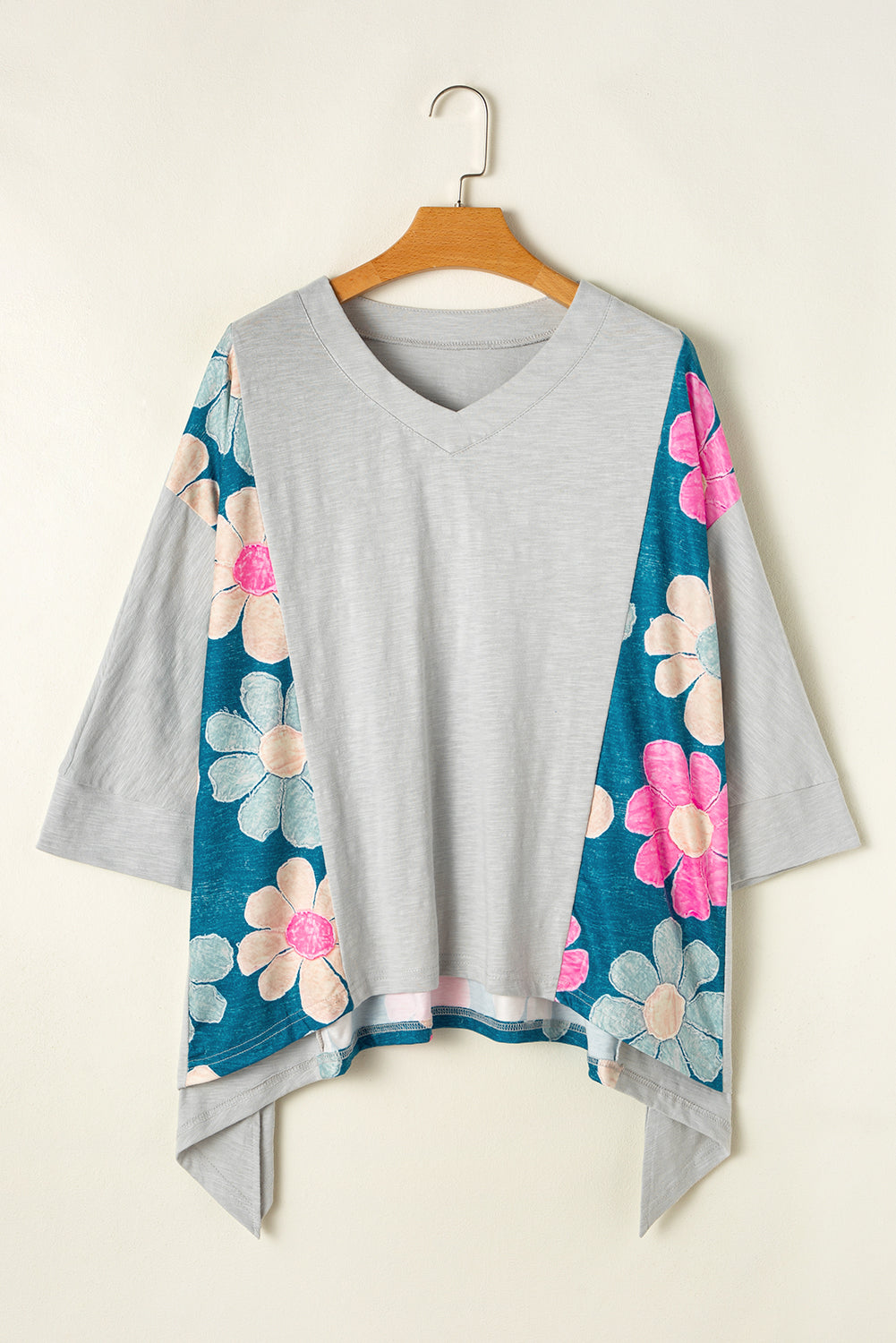 Green Flower Patchwork Exposed Seam Oversized High Low Top Long Sleeve Tops JT's Designer Fashion