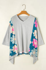 Green Flower Patchwork Exposed Seam Oversized High Low Top Long Sleeve Tops JT's Designer Fashion