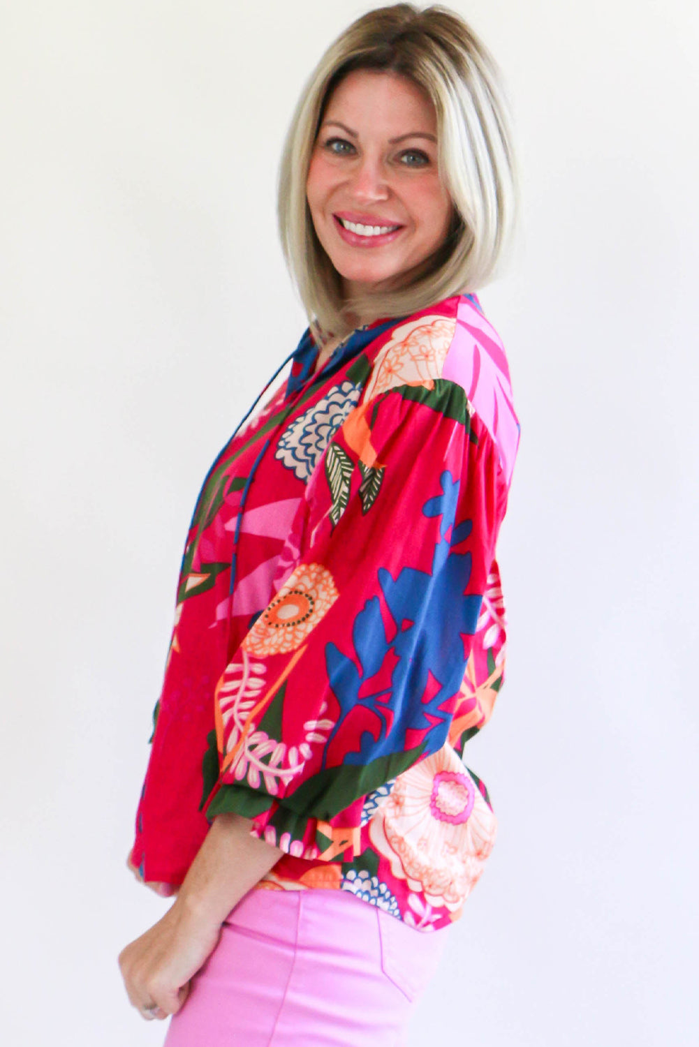 Rose Blooming Flower Print Ruffled Puff Sleeve Blouse Blouses & Shirts JT's Designer Fashion