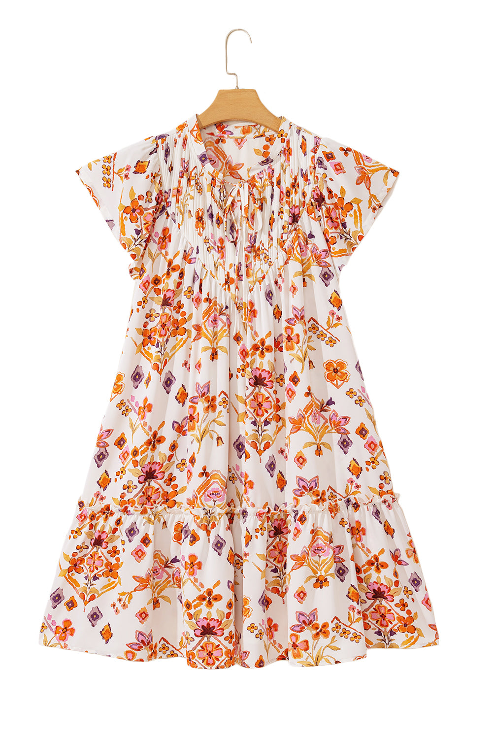 Apricot Floral Geometric Print Ruffled Trim Flutter Sleeve Mini Dress Floral Dresses JT's Designer Fashion