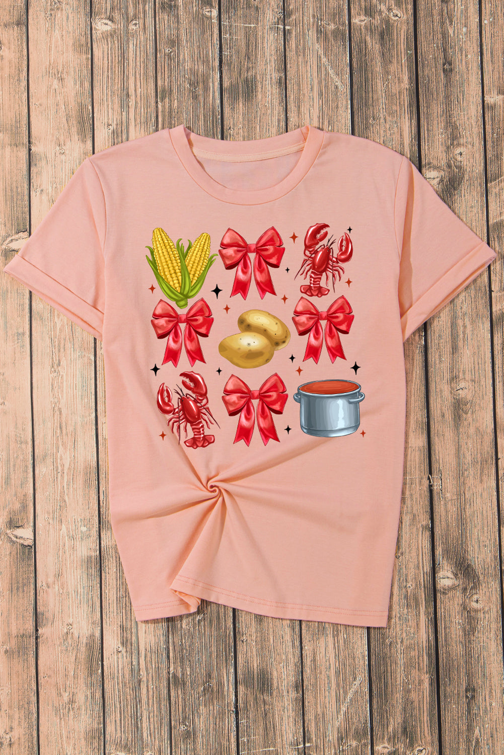 Pink Summer Food Bow Crawfish Printed T Shirt Graphic Tees JT's Designer Fashion