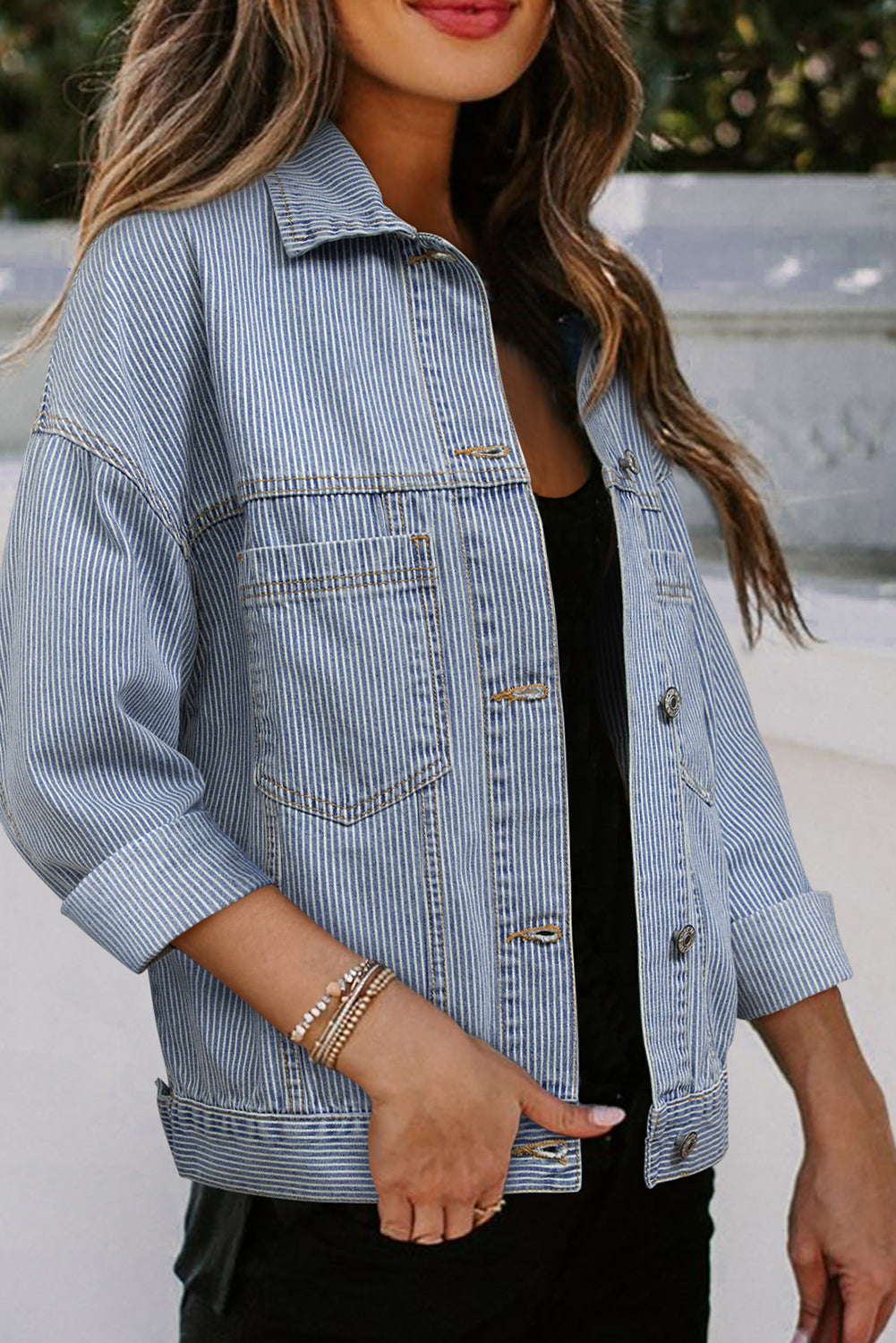 Sky Blue Stripe Washed Oversize Pocketed Denim Jacket Denim Jackets JT's Designer Fashion