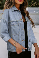 Sky Blue Stripe Washed Oversize Pocketed Denim Jacket Denim Jackets JT's Designer Fashion