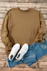 Camel Solid Fleece Lined Drop Shoulder High Low Sweatshirt Sweatshirts & Hoodies JT's Designer Fashion