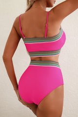 Rose Red Contrast Banding Tube Bikini High Waist 2pcs Swimsuit High Waisted Swimsuit JT's Designer Fashion