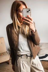 Chestnut Solid Faux Leather Zipper Slim Fit Bomber Jacket Jackets JT's Designer Fashion