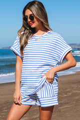 Sky Blue Stripe Knitted Short Sleeve Top and Drawstring Shorts Set Short Sets JT's Designer Fashion