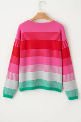 Rose Striped Knit Patch Pocket Drop Shoulder Sweater Sweaters JT's Designer Fashion