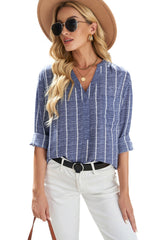 Blue Striped V Neck Pocket Long Sleeve Top Long Sleeve Tops JT's Designer Fashion