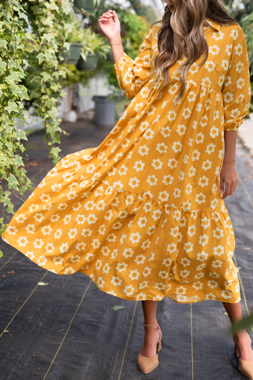 Yellow Flower Print Bracelet Sleeve Buttons Collared Long Dress Yellow 100%Cotton Maxi Dresses JT's Designer Fashion